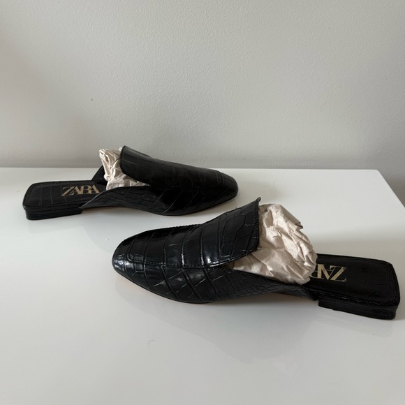 ZARA Black Croc Embossed Leather Mule Loafers Square Toe Slides Size 37 - Picture 4 of 6